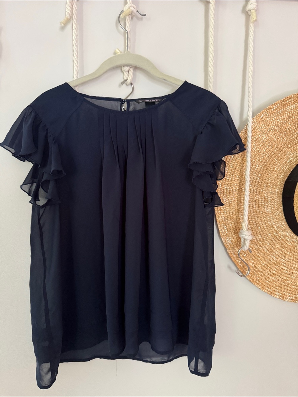 Victoria's Secret Navy Ruffle Sleeve Chiffon Blouse